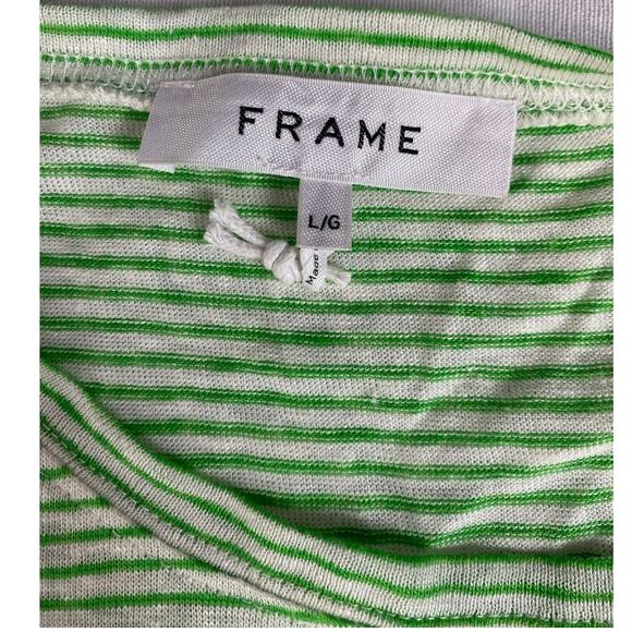 FRAME Knotted Rolled Muscle Tee Linen Top Shirt | Womens L, Green White Stripe - Picture 5 of 7